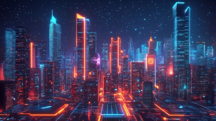 Naklejka premium A futuristic city with skyscrapers illuminated by neon lights against a starry night sky.