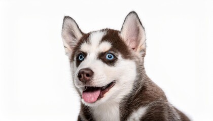 笑顔のシベリアン・ハスキーの子犬のポートレート（Portrait of a smiling Siberian Husky puppy on white background）
