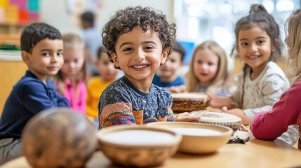 Diverse Group of Happy Children Engaging in Classroom Activities with Smiles and Laughter