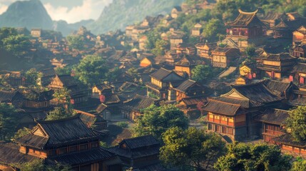 Naklejka premium Aerial View of Traditional Chinese Village with Wooden Houses and Lush Greenery in Mountainous Landscape