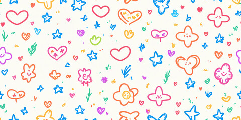 Obraz premium Doodle icons as a childlike drawing, painted as if by a child, hearts, lines and stars as a texture pattern