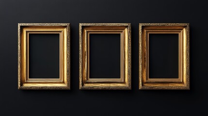 Three gold picture frames on black background