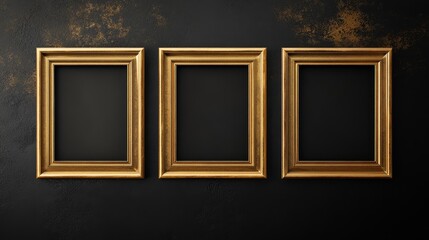 Three gold picture frames on black background
