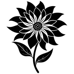 Black and white flower isolated on white, Flower vector illustration, floral vector art, star silhouette, Rose vector icon, leafs line art,eps