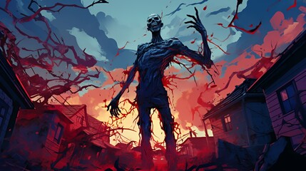 A bloody, skeletal creature stands amidst a destroyed neighborhood, surrounded by decaying buildings and twisted branches.
