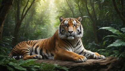 Obraz premium Majestic tiger resting on a rock in a lush jungle