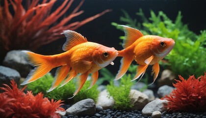 Fototapeta premium Two goldfish swimming in a vibrant aquarium environment