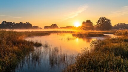 Obraz premium Sunrise over the grass field.