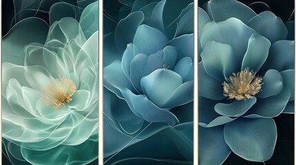 Set of art poster with abstract floral flowers blue and green color painting on white background.