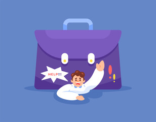 concept of too much workload. high work pressure. problems at work. illustration of an employee or worker asking for help because he was hit by a giant briefcase. flat style design. graphic elements