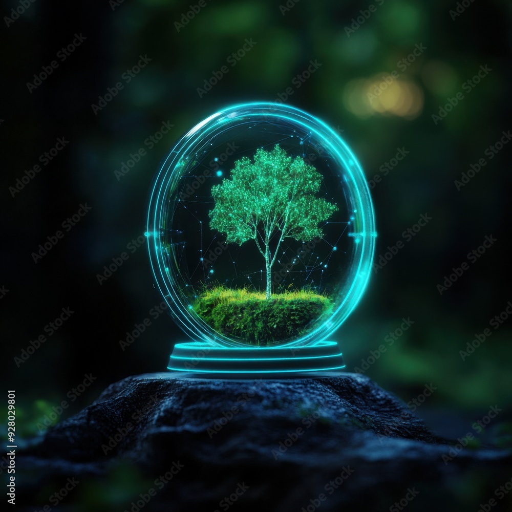 Poster futuristic ai environmental monitoring with smart sensors in nature - 3d illustration