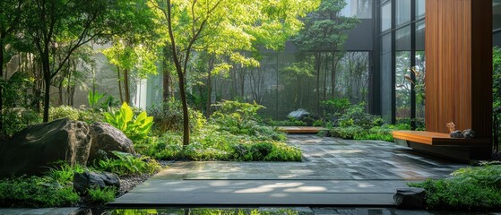 Obraz premium Modern Indoor Garden with Natural Light and Lush Greenery in a Contemporary Setting