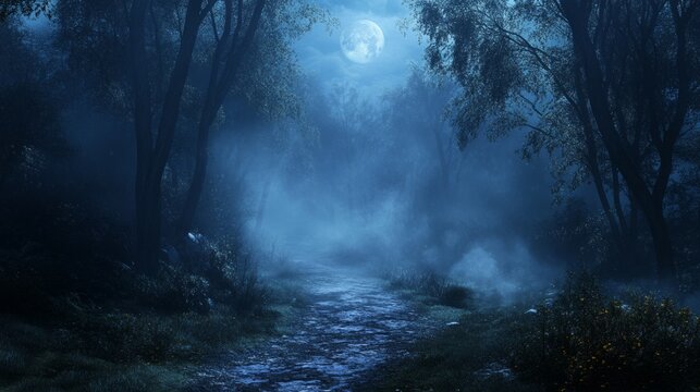 Mysterious forest with a moonlit path fog and a Halloween backdrop hint