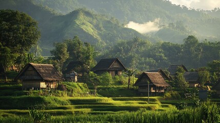 Obraz premium Traditional Wooden Huts in Lush Green Valley with Misty Mountains in the Background at Sunrise