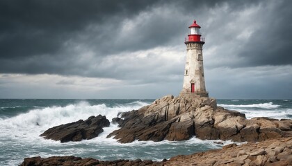 A coastal lighthouse bathed in golden hour light, standing tall against rough seas