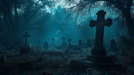 Graveyard in spooky death Forest At Halloween Night.