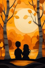 two people sitting bench woods paper cut autumn sunlights couple walking hand silhouette inspiring dried leaves open book camp half blood wall mural cutaway orange yellow