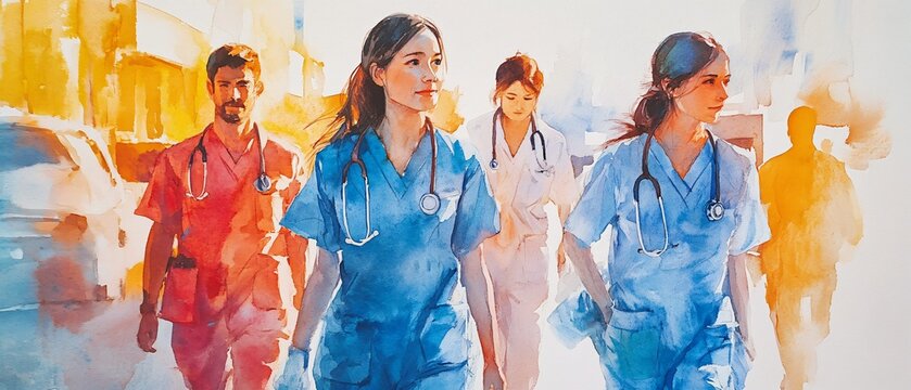 Compassionate Healthcare Workers: Watercolor Artwork for World Humanitarian Day Promoting Global Health - Powered by Adobe