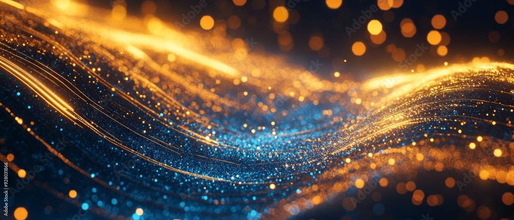 Poster abstract futuristic background with gold and blue glowing neon moving high speed wave lines and boke