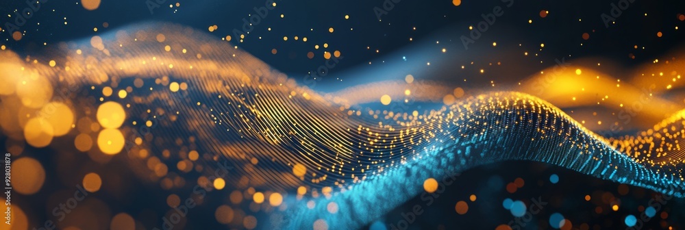 Poster abstract futuristic background with gold and blue glowing neon moving high speed wave lines and boke