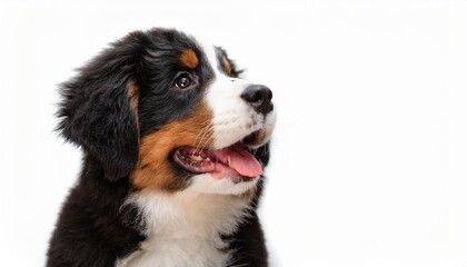 笑顔のバーニーズ・マウンテン・ドッグの子犬のポートレート（Portrait of a smiling Bernese Mountain Dog puppy on white background）
