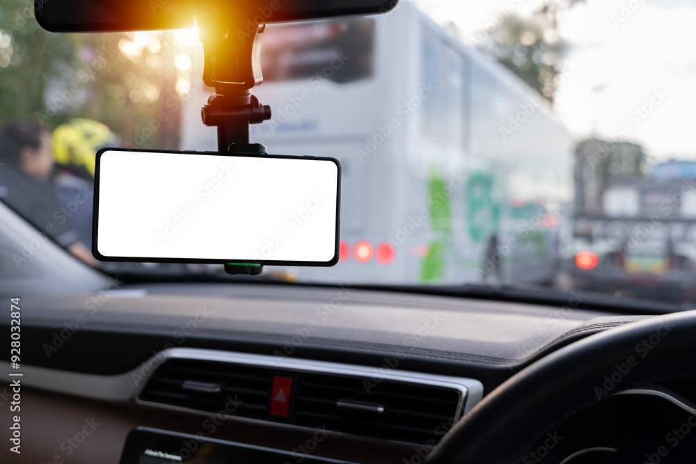 Poster blank empty screen. copy space. empty space for text. mock up smart phone in car, clipping path.