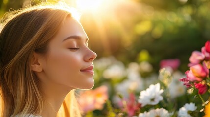 Fototapeta premium Serene Young Woman Enjoying Nature in a Sunlit Garden Surrounded by Colorful Flowers