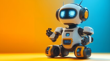 A white and yellow robot with black accents sits on a yellow and blue background.