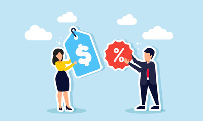 Business competition offering promotions like discounts and price cuts concept of A businesswoman with a price tag competing in a promo battle with a businessman holding a discount sign