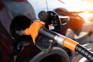 Hand refilling the car with fuel, close-up.  Cropped of machine Refueling Car.