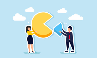 Completing assigned tasks within a team at the company concept of A businesswoman holding a large portion of a pie chart and a businessman carrying a smaller piece