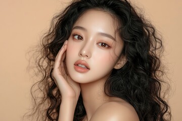 Naklejka premium Young Asian beauty woman curly long hair with korean makeup style touch her face and perfect skin on isolated beige background. Facial treatment, Cosmetology, plastic surgery with generative ai
