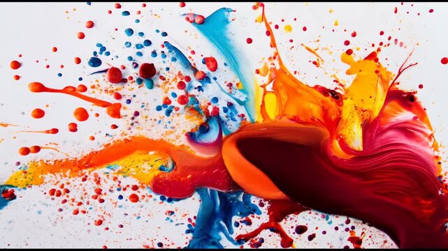multi-colored paints pour out and dynamically fly in different directions on a white background