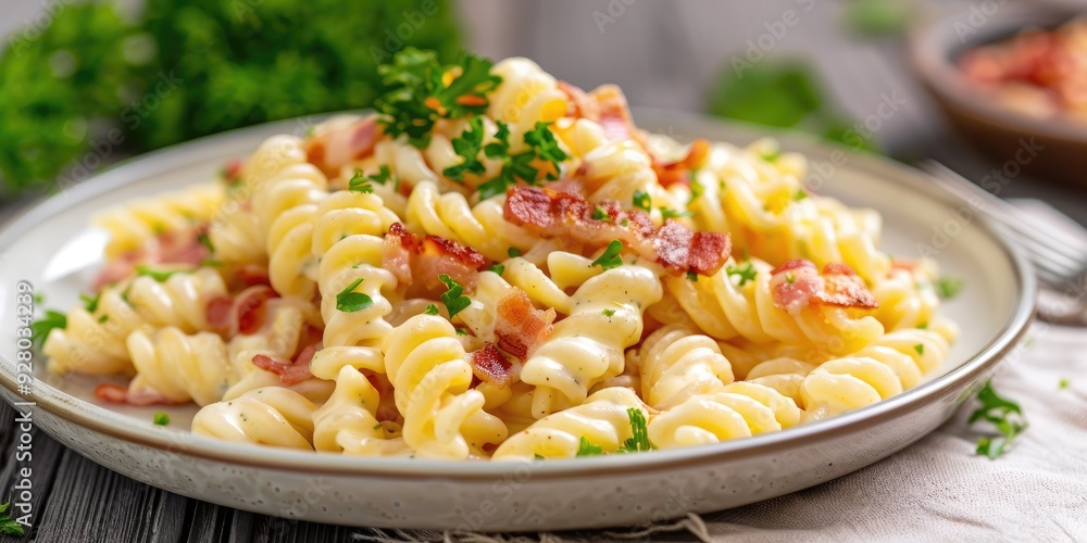 Wall mural creamy pasta dish with crispy bacon bits and fresh parsley on a white plate