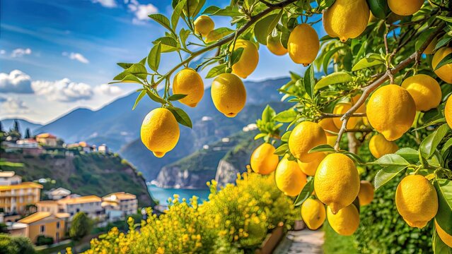 Vibrant lemons growing in a sunny garden on Amalfi coast in Italy, lemons, garden, Italy, sunny, Amalfi coast, citrus