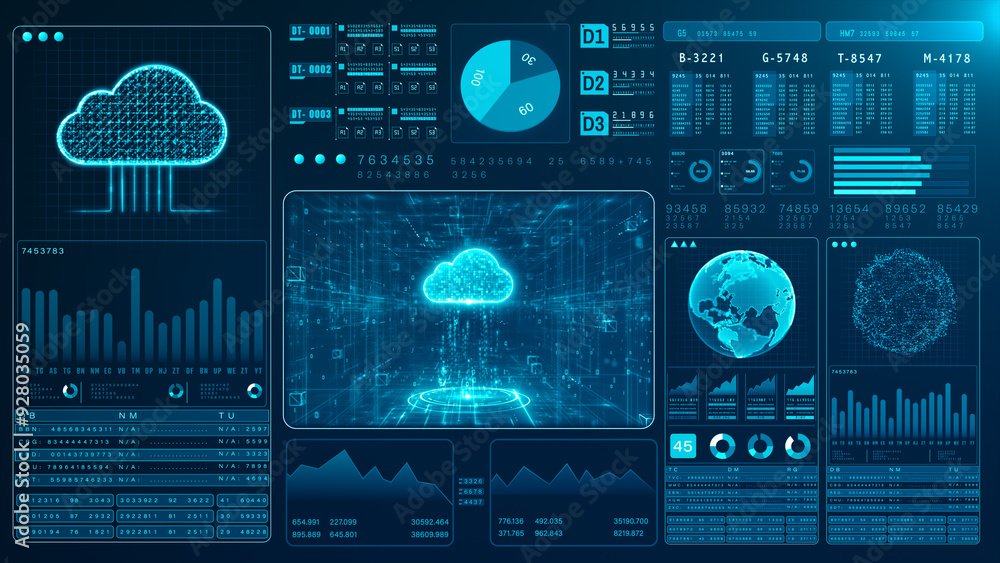 Aufkleber Digital dashboard featuring data with charts, graphs, and cloud integration, Showcasing advanced analytics and global connectivity, Technology cloud computing background, 3d rendering