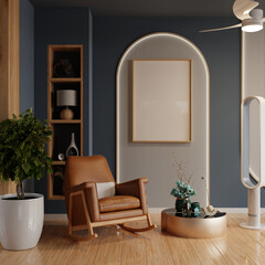 Mockup poster is elegantly framed within a stylish, arched panel, complementing the cozy, modern decor of the room- 3D rendering