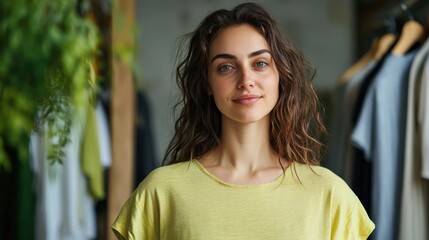 Fototapeta premium Portrait of a Young Woman in Casual Clothing Standing in a Modern Boutique