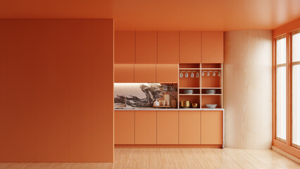 Modern kitchen room with a brown wall mockup and minimalist interior design- 3D rendering