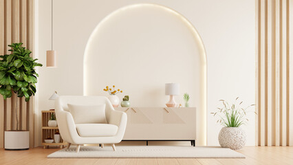 Living room interior features an armchair and decorative accessories against a white-colored wall- 3D rendering