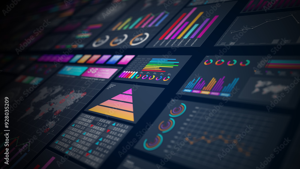 Poster modern data panels display various interactive charts, graphs, and analytics on a dark interface, id
