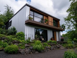 Modern Two-Story Container House with Large Windows and Lush Greenery in a Serene Natural Setting
