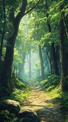 Fototapeta premium Enchanted Forest Path: Anime-Style Journey Through a Magical Woods, Perfect for Fantasy Book Covers and Adventurous Hiking Tales,anime-style,illustration,Picture BooksFor Poster,Novel,UI,WEB,Game,Desi