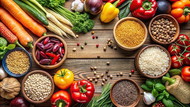 Nutritious whole grains and colorful vegetables for a balanced diet, nutrition, whole grains, colorful, vegetables
