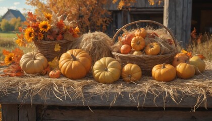 A rustic harvest gathering with pumpkins and hay bales