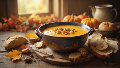 A cozy autumn day with pumpkin soup and toasted bread