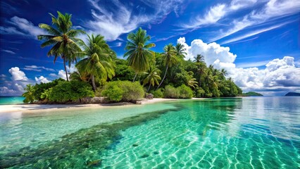 Tropical island paradise beach with crystal clear water and lush greenery , tropical, island, paradise, beach, clear water