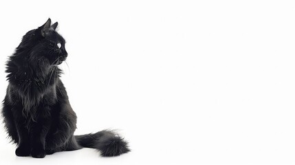 Obraz premium A black cat sitting on a white background, looking to the right.