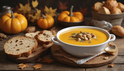 Aromatic pumpkin soup and crusty bread, a warm autumnal feast