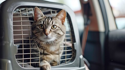 A tabby cat sits in a pet carrier, looking out with a curious expression.